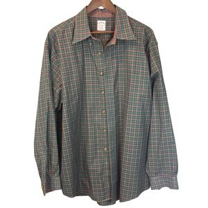 Brooks Brothers Green Burgundy Plaid 100% Cotton Oxford Shirt Size XL